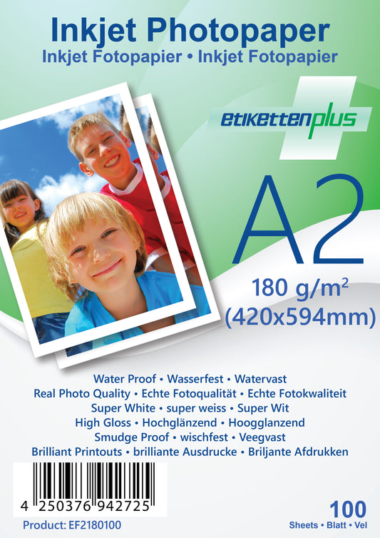 100 feuilles A2 420x594mm 180g/m² papier photo haute brillance + étanche de EtikettenPlus EF2180100