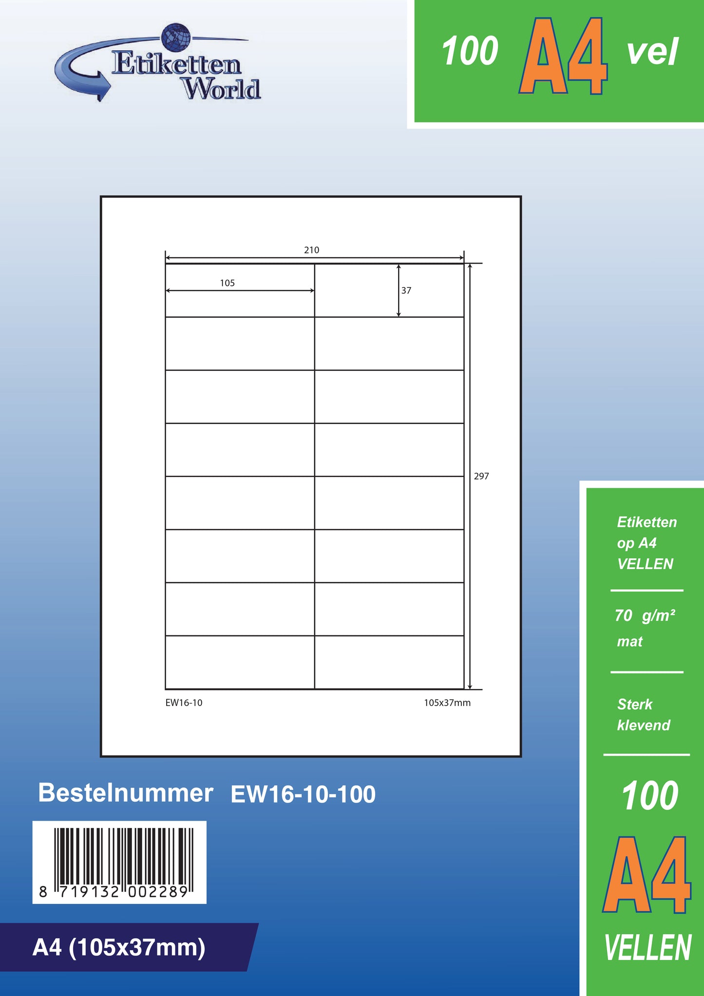 8000 étiquettes universelles 105x37mm, sur 500 feuilles Din A4, mat, autocollant, 70g EW16-10 d'Etikettenworld EW16-10