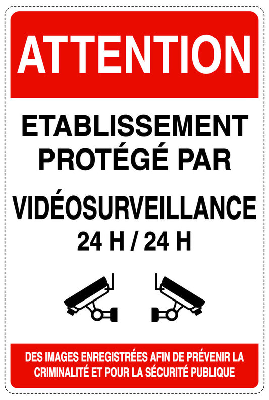 Accès interdit - vidéosurveillance " ATTENTION ETABLISSEMENT PROTÉGÉ PAR VIDÉOSURVEILLANCE 24 H / 24 H DES IMAGES ENREGISTRÉES AFIN DE PRÉVENIR LA CRIMINALITÉ ET POUR LA SÉCURITÉ PUBLIQUE" 10-40 cm F-RESTRICT-2020