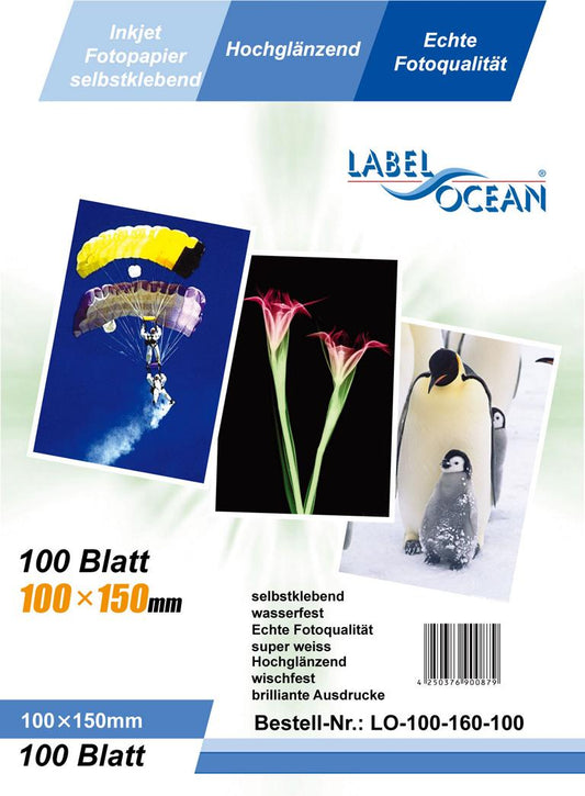 100 feuilles 10x15 cm papier photo autocollant Brillant + résistant à l'eau de LabelOcean LO100160100