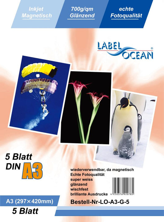 5 feuilles de papier photo A3 magnétique brillant de LabelOcean(R) LO-A3-G-5