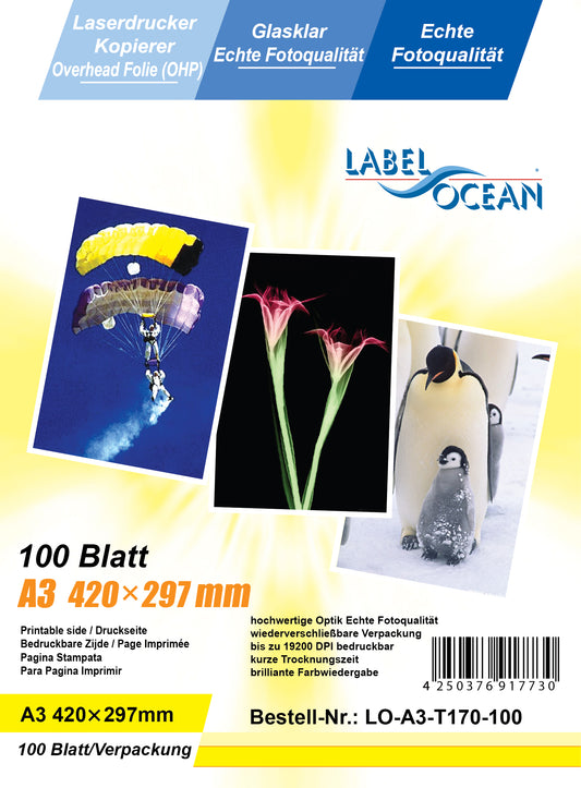 100 feuilles A3 film transparent ultra-clair LO-A3-T170-100 (OHP) pour imprimantes laser couleur et photocopieurs