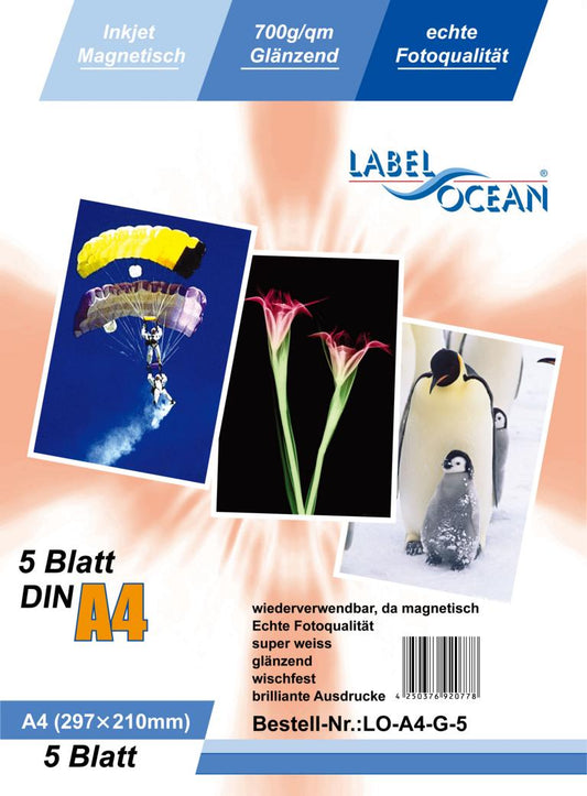 5 feuilles de papier photo A4 magnétique brillant de LabelOcean(R) LO-A4-G-5