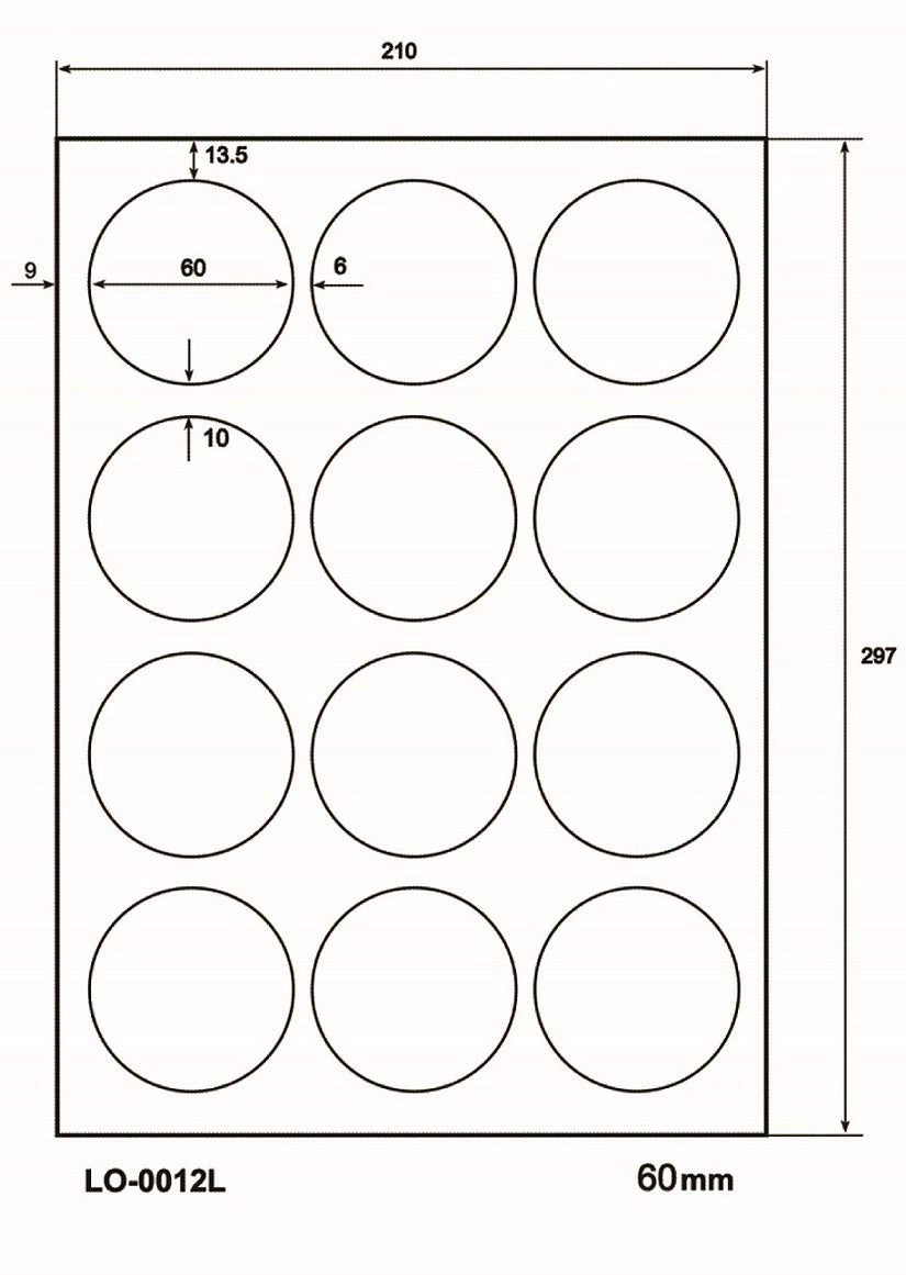 1200 étiquettes universelles rondes de 60 mm, sur 100 feuilles Din A4, brillantes, autocollantes LO-0012-L-80